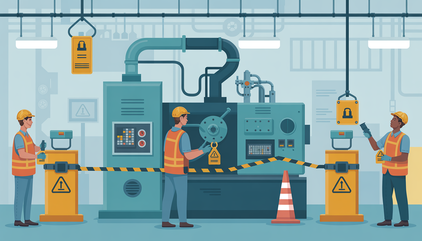 Workers in a factory performing lockout and tagout procedures on machinery, highlighting safety and compliance.