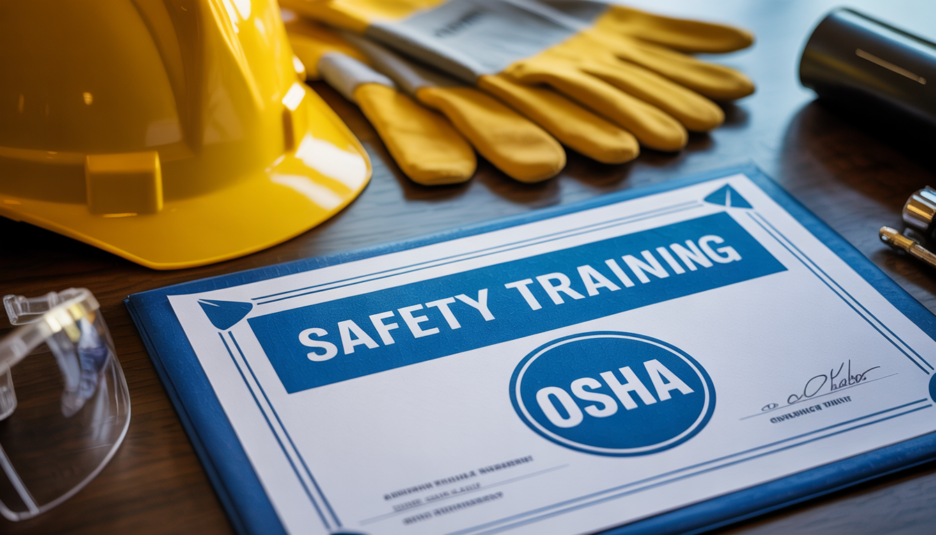 OSHA safety training certificate on a desk with safety gear.
